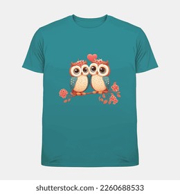 two beautiful Owl in cartoon style with love heart, t shirt template for valentines day