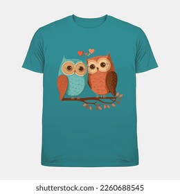 two beautiful Owl in love with love hearts, t shirt template for valentines day, illustration