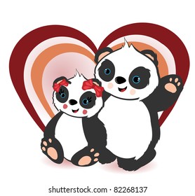 Two beautiful panda bears with hearts on white background, vector illustration