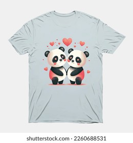 two beautiful Panda in love illustration with love hearts, t shirt template for valentine's day