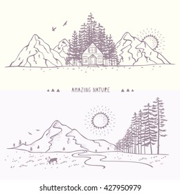 Two beautiful panorama nature with mountains and forest. Hand drawn sketch. Stylish vector illustration