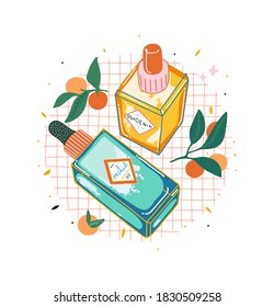 Two beautiful perfume bottles lay within berries. Bright colorful illustration of cosmetic products.