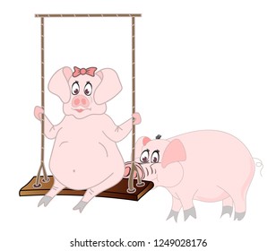 Two beautiful pigs swinging on a seesaw. Symbol of upcoming year 2019, vector illustration