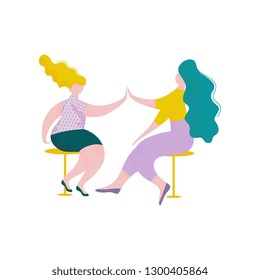 Two Beautiful Plump Girls Sitting on Chairs and Giving High Five to Each Other, Female Characters Having Fun, Human Interaction, Friendship, Teamwork, Cooperation Vector Illustration