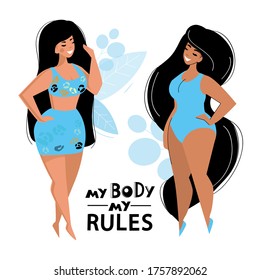 Two beautiful plus size girls in a blue swimsuit on a white background. Body positive