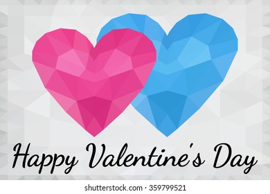 Two beautiful polygonal or crystal pink and blue heart in low poly style for card or poster with inscription Happy Valentine day.