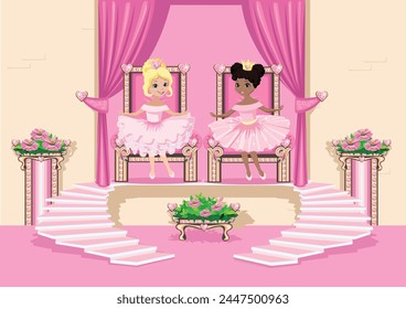 Two beautiful princess in a pink dress sits on a throne decorated with pink precious stones in the shape of a heart. Interior of the princess's castle. Vector illustration of a fairytale throne room i