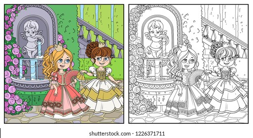 Two beautiful princesses communicate with fans near fountain Cupid with a jug rose overlaid in a secluded corner of the palace park color and outlined for coloring