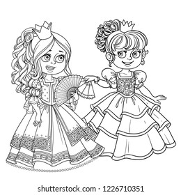Two beautiful princesses communicate with fans outline for coloring isolated on white background