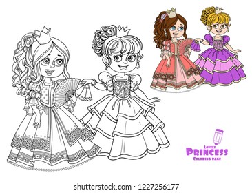 Two beautiful princesses communicate with fans color and outline for coloring isolated on white background