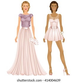 Two Beautiful Prom Party dress up female paper dolls, ready for cut out and play. Vector illustration.