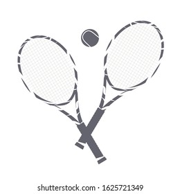 Two beautiful rackets decorated with a cute pattern in navy and white and a tennis ball on a white background. Equipment for tennis on the court.Vector flat illustration