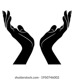 Two beautiful raised up female hands in elegant gesture. Black and white silhouette.