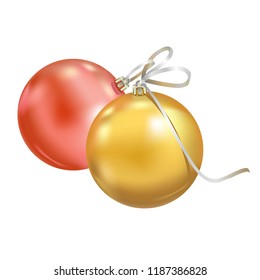 Two beautiful realistic New Year 3D glassy yellow balls with reflects isolated on white background. Traditional decoration for a Christmas tree. Vector illustration