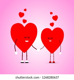 Two beautiful red hearts in love hold hands and dream. Vector eps