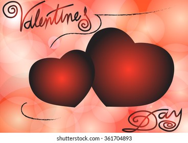Two beautiful red hearts with a wish on the pink blurred background.Valentine card