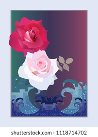 Two beautiful roses hover above the raging ocean. A symbol of love. Vertical card in vector. Wedding invitation.