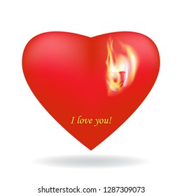 Two beautiful scarlet 3D hearts. A small heart burns with the flame of love. Vector, isolated white background, shadow. Symbol of love and happiness. Valentine's day design element, wedding invitation