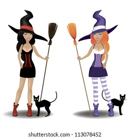 two beautiful sexy witch with a broom and a black cat on a white background isolated