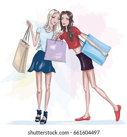 Two beautiful slim girls with shopping bags. Fashion girls. Stylish pretty women. Sketch. Vector illustration.