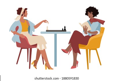 Two beautiful smiling women playing chess. Female chess players. Vector flat illustration. 