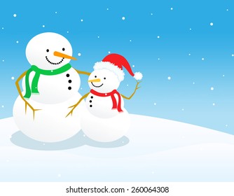 Two beautiful snowmen on falling snow background 