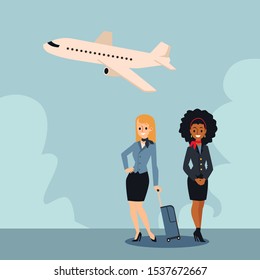 Two beautiful stewardesses with a suitcase stand against the sky and an airplane. Caucasian blonde girl and brunette woman African American stewardess. Flat vector illustration.
