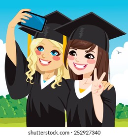 Two beautiful student girls on graduation day celebration taking selfie