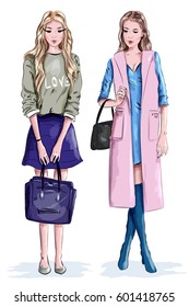 Two beautiful stylish girls with bags. Cute women in fashion clothes. Vector illustration.