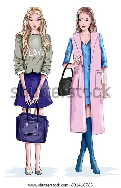 2人の美しいスタイリッシュな女の子とバッグ ファッション服を着たかわいい女性 ベクターイラスト のベクター画像素材 ロイヤリティフリー