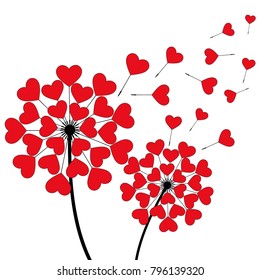 Two beautiful stylized black dandelions blowing isolated on white background. Floral stylish trendy wallpaper with spring, summer flower and red flying fluff heart shaped. Modern love backdrop, vector