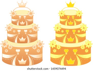 Two beautiful three tier holiday or wedding cakes (gradient beige with white and orange with yellow), decorated with flowers, hearts and crowns, vector graphics, vector illustration