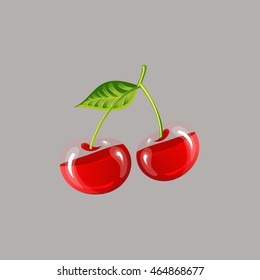 two beautiful transparent cherries with leaf

