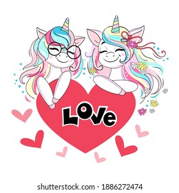 Two beautiful unicorns are holding a heart with the inscription love. Vector illustration cartoon animals. Valentine's Day card