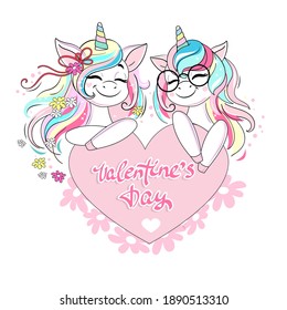 Two beautiful unicorns are holding a heart with the inscription Valentine's Day. Vector illustration cartoon animals