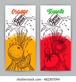 zwei schöne vertikale Banner. Frischer Saft. Skizze Tomate und Orange. handgezeichnete Darstellung