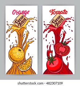 two beautiful vertical banners. Fresh Juice. tomato and orange. hand-drawn illustration