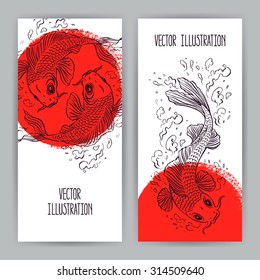 two beautiful vertical banners with Japanese carps in the red circle. hand-drawn illustration