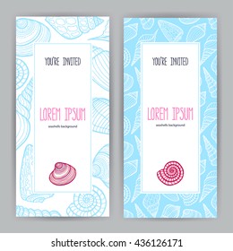 two beautiful vertical card with sketch blue seashells. hand-drawn illustration