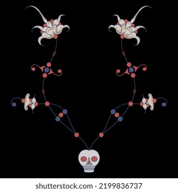 Two beautiful vines sprouting from human skull. Creative concept for life and death and resurrection. Illuminated manuscript style. Creative floral frame design. On black background.