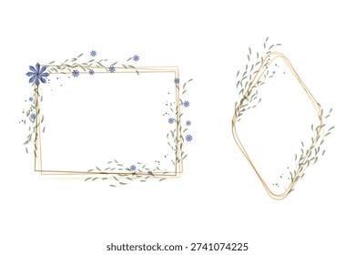 Two beautiful watercolor frames are displayed. A rectangular gold frame features blue flowers and green leaves. A diamond gold frame showcases delicate green foliage.