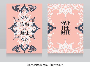 Two beautiful wedding invitations with hand drawn ornament in quartz colour, vector illustration