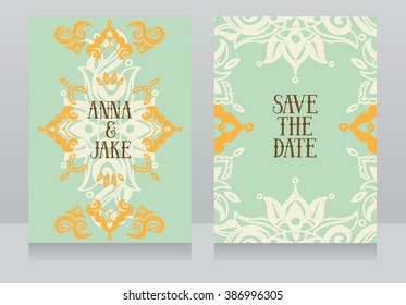 Two beautiful wedding invitations with hand drawn ornament, vector illustration