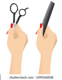 Two Beautiful Woman Hands Holding Hairdresser Comb and Scissor Close Up Vector Illustration Isolated on White