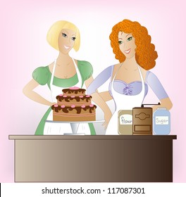  Two beautiful women baking cake for holiday