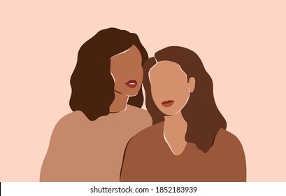 Two beautiful women with different skin colors stand together. Abstract minimal portrait of two girls in earth's natural tones. Concept of sisterhood and females friendship.  Vector illustration