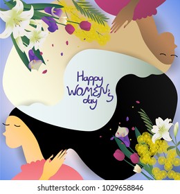 two beautiful women face with long hair and symbol flowers,cute cartoon character,vector illustration for greeting card,invitation, celebration or poster,international women's day