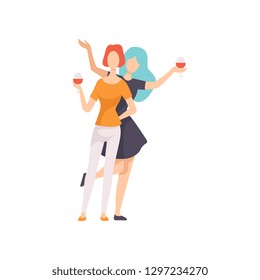 Two Beautiful Women Friends Drinking Wine, Girls Celebration Together, Female Friendship Vector Illustration