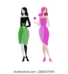 Two beautiful women friends drinking wine. Girls celebration together. Female friendship. Vector Illustration. Isolated on white background