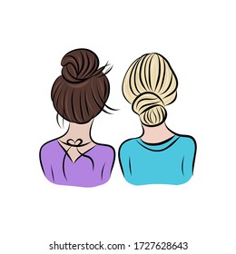 Two Beautiful Women Friends Hugging Together, Back View, Female Friendship Vector Illustration